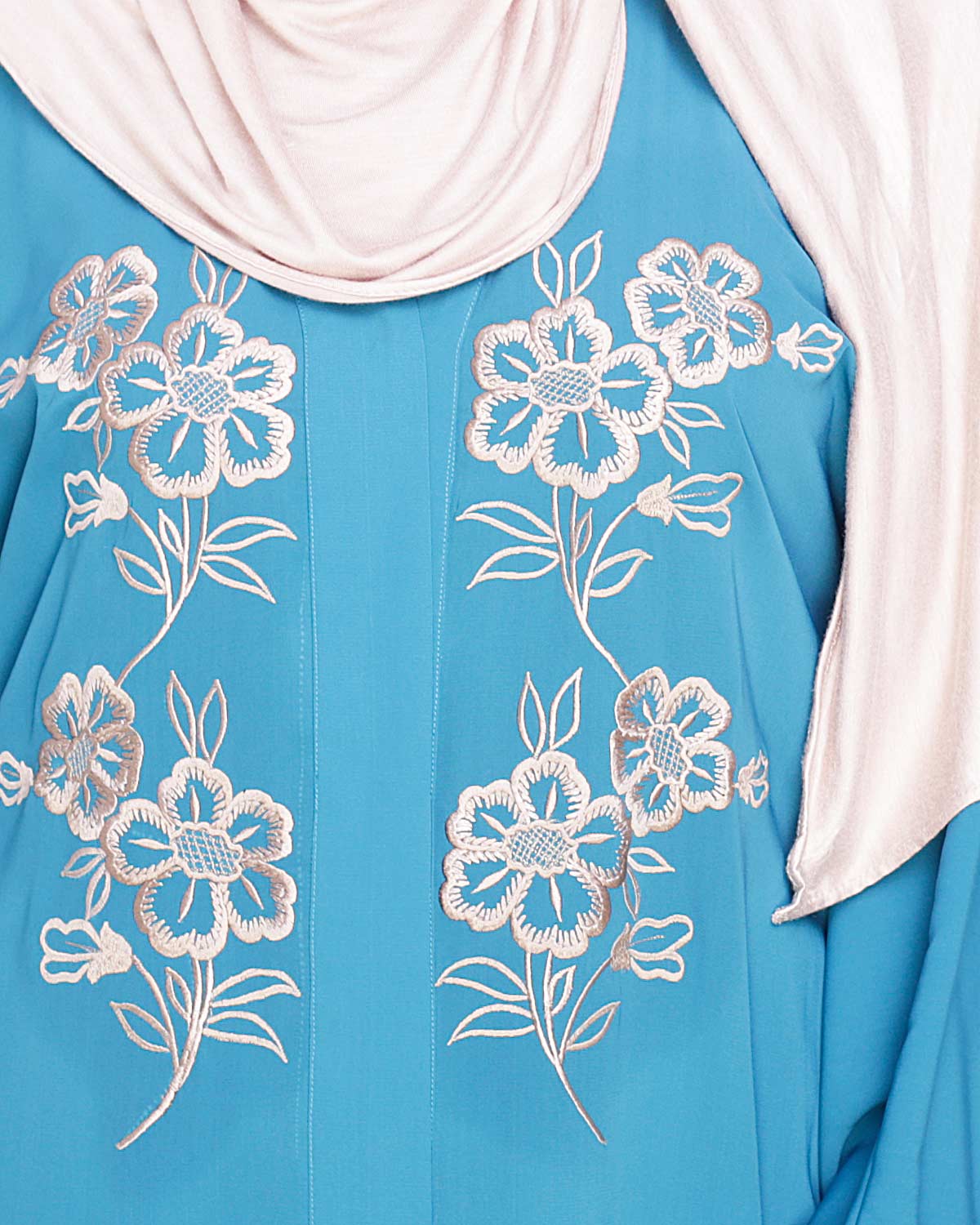 Floweret Embroidered Dubai Style Abaya Teal Blue