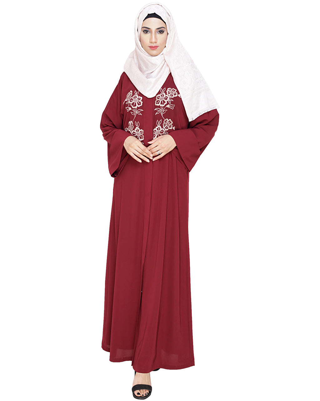 Floweret Embroidered Dubai Style Abaya Wine