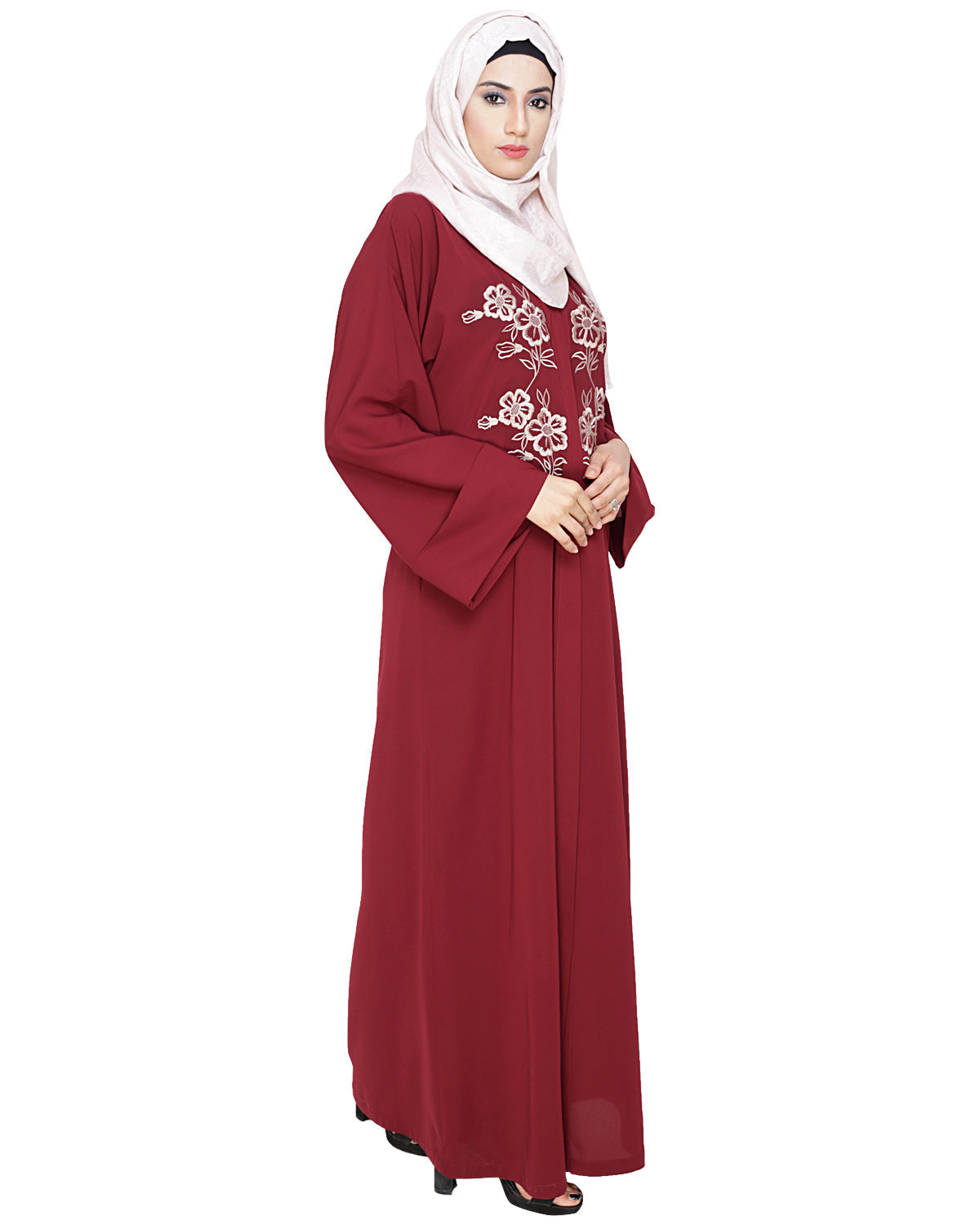 Floweret Embroidered Dubai Style Abaya Wine