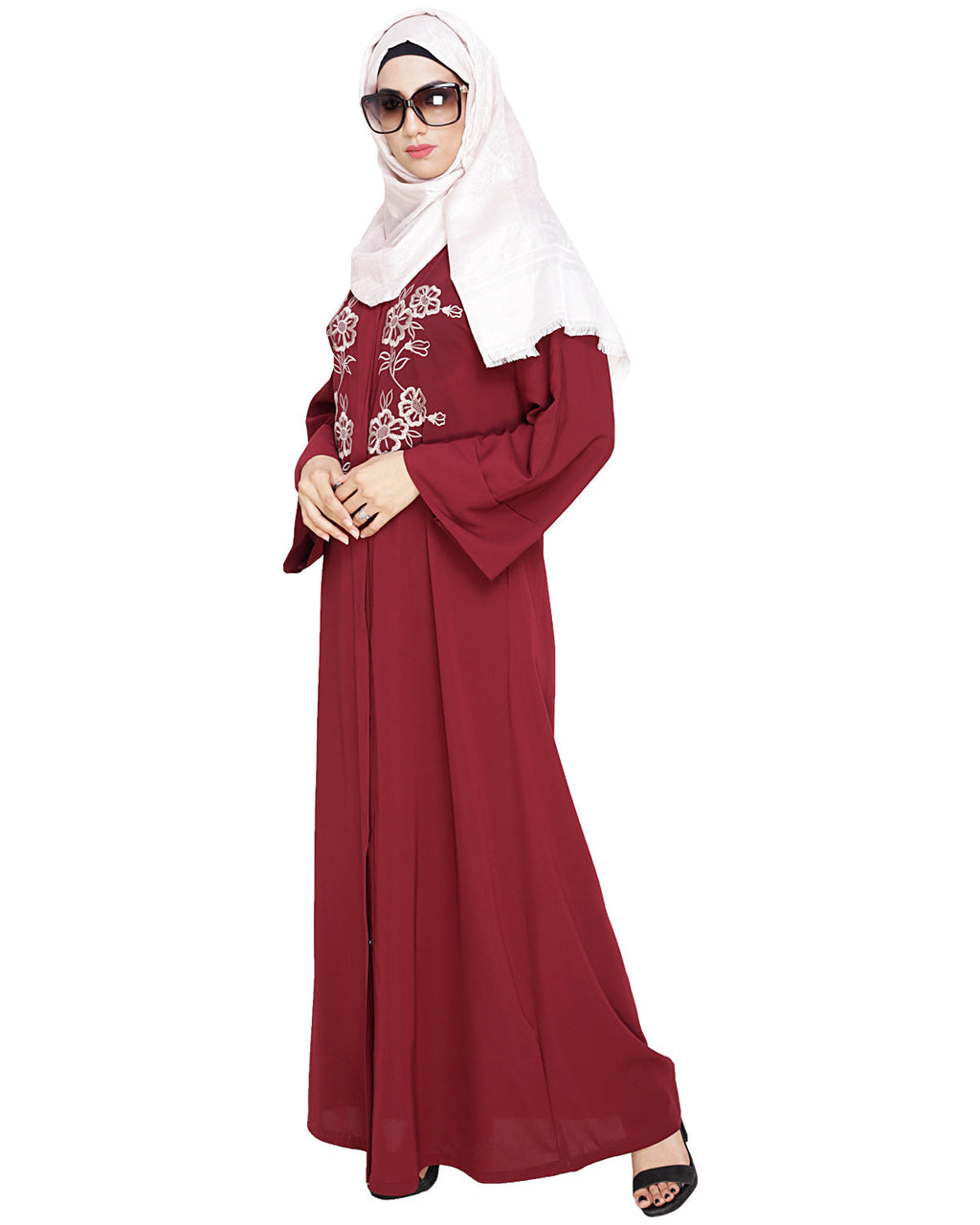 Floweret Embroidered Dubai Style Abaya Wine