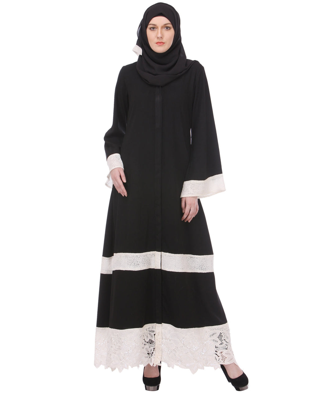 Basic Abaya with White Net Trims Black