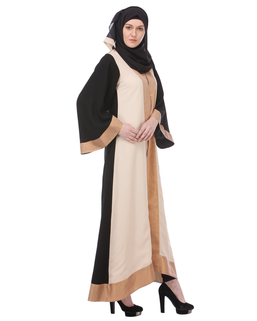 Shimmer panelled Casual Abaya Beige & Black