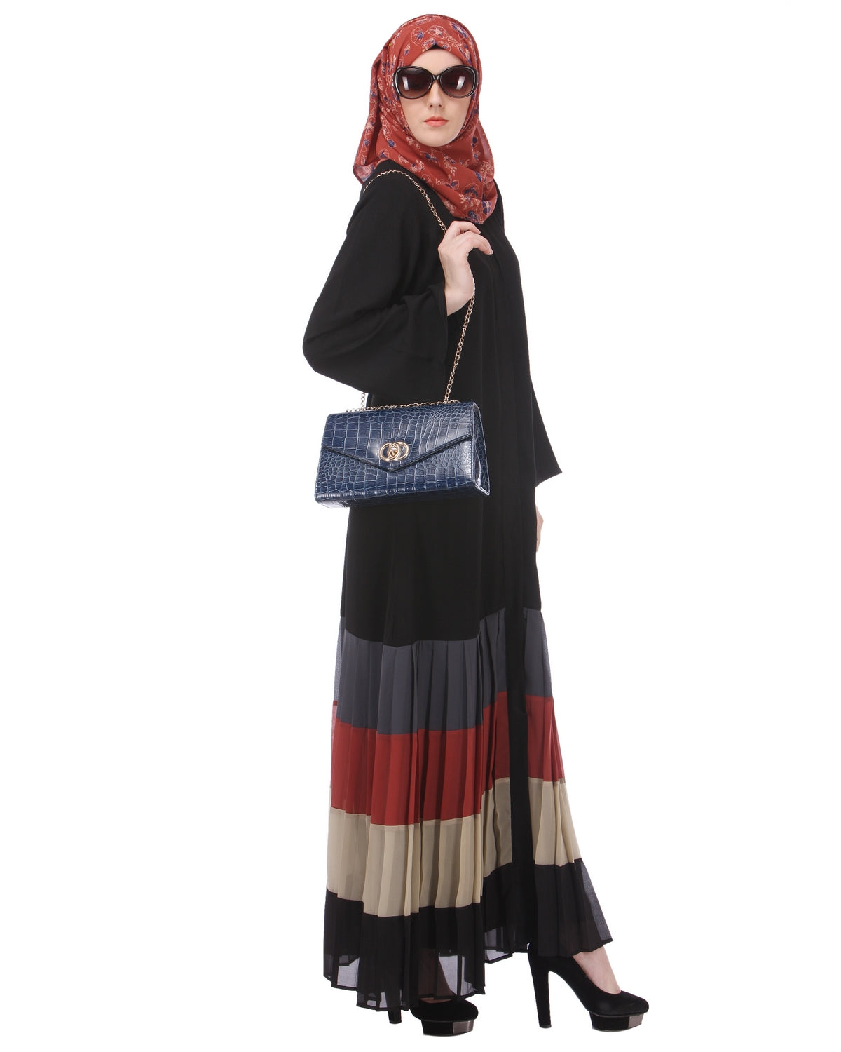 Multi Coloured Pleated Stylish Abaya Black