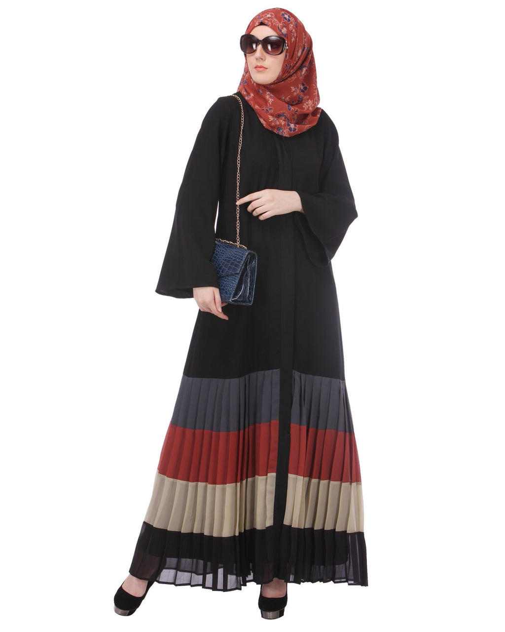 Multi Coloured Pleated Stylish Abaya Black