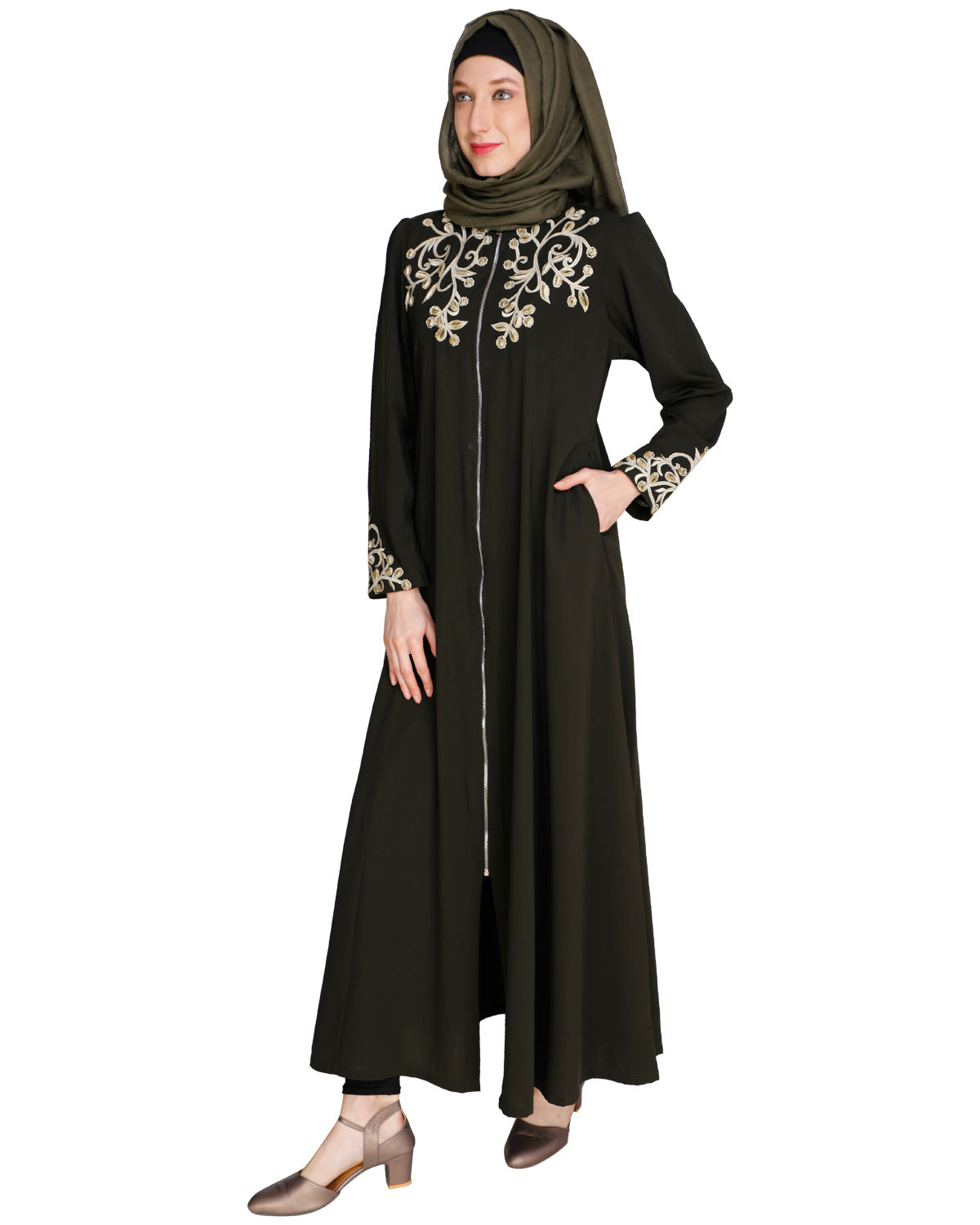 Feather Shot Abaya Dark Olive
