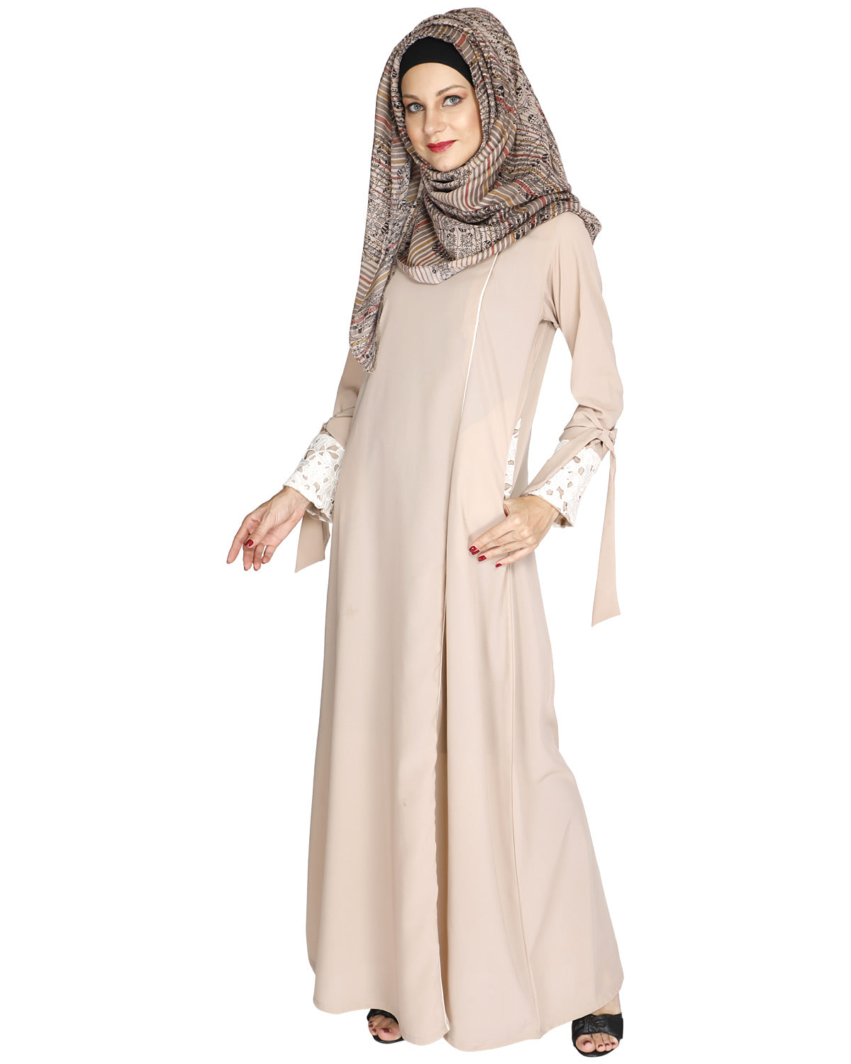 Lace & Bow Detailed Abaya Light Beige
