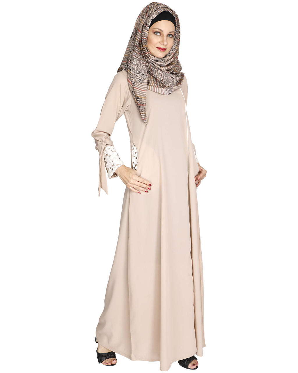 Lace & Bow Detailed Abaya Light Beige