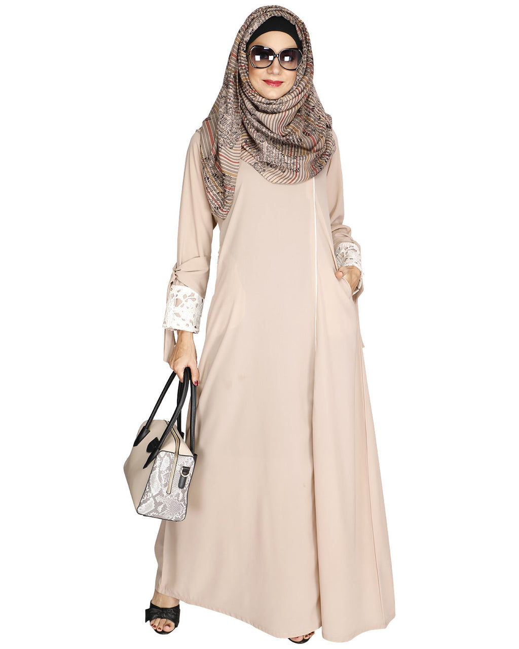 Lace & Bow Detailed Abaya Light Beige