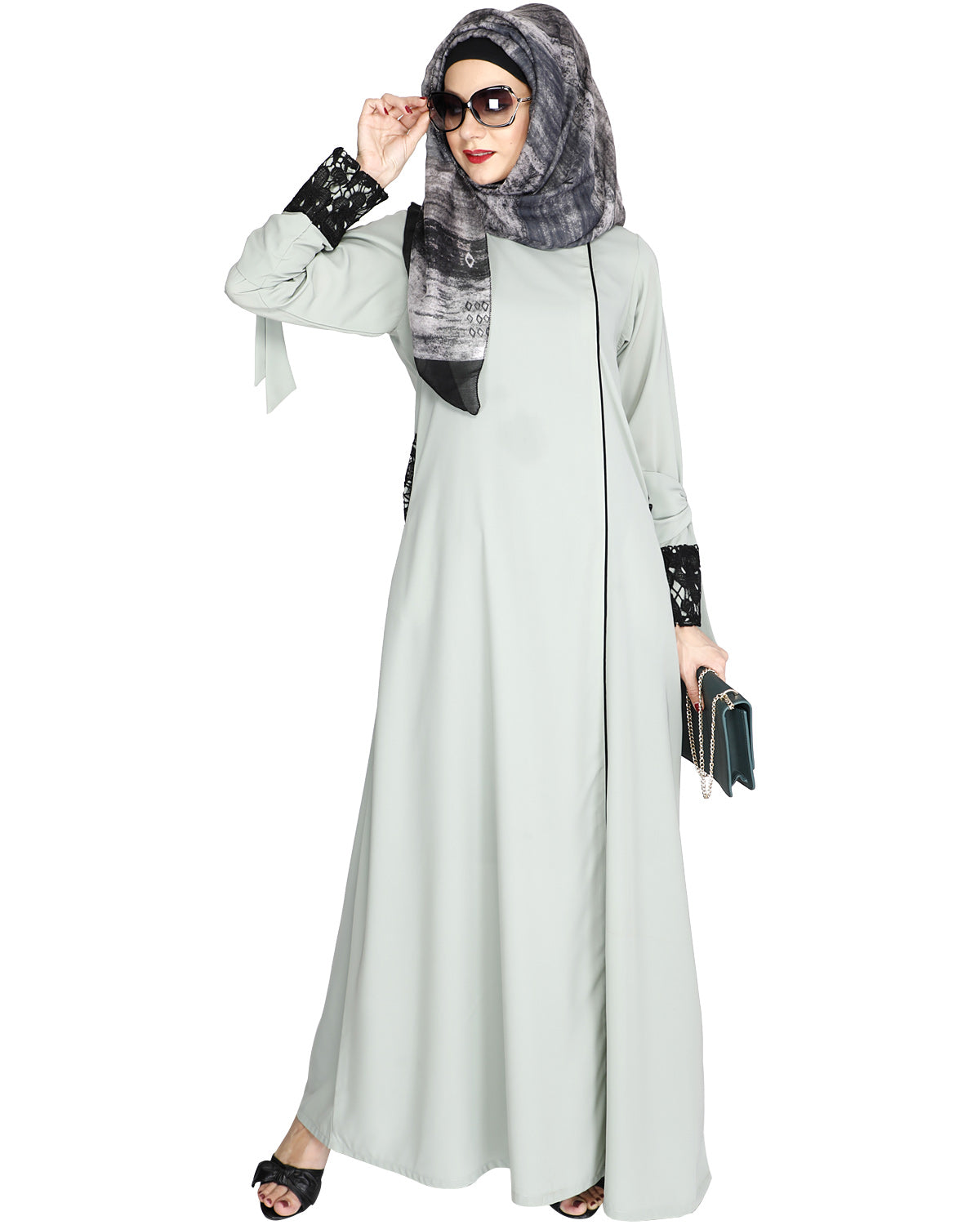 Lace & Bow Detailed Abaya Sage Green