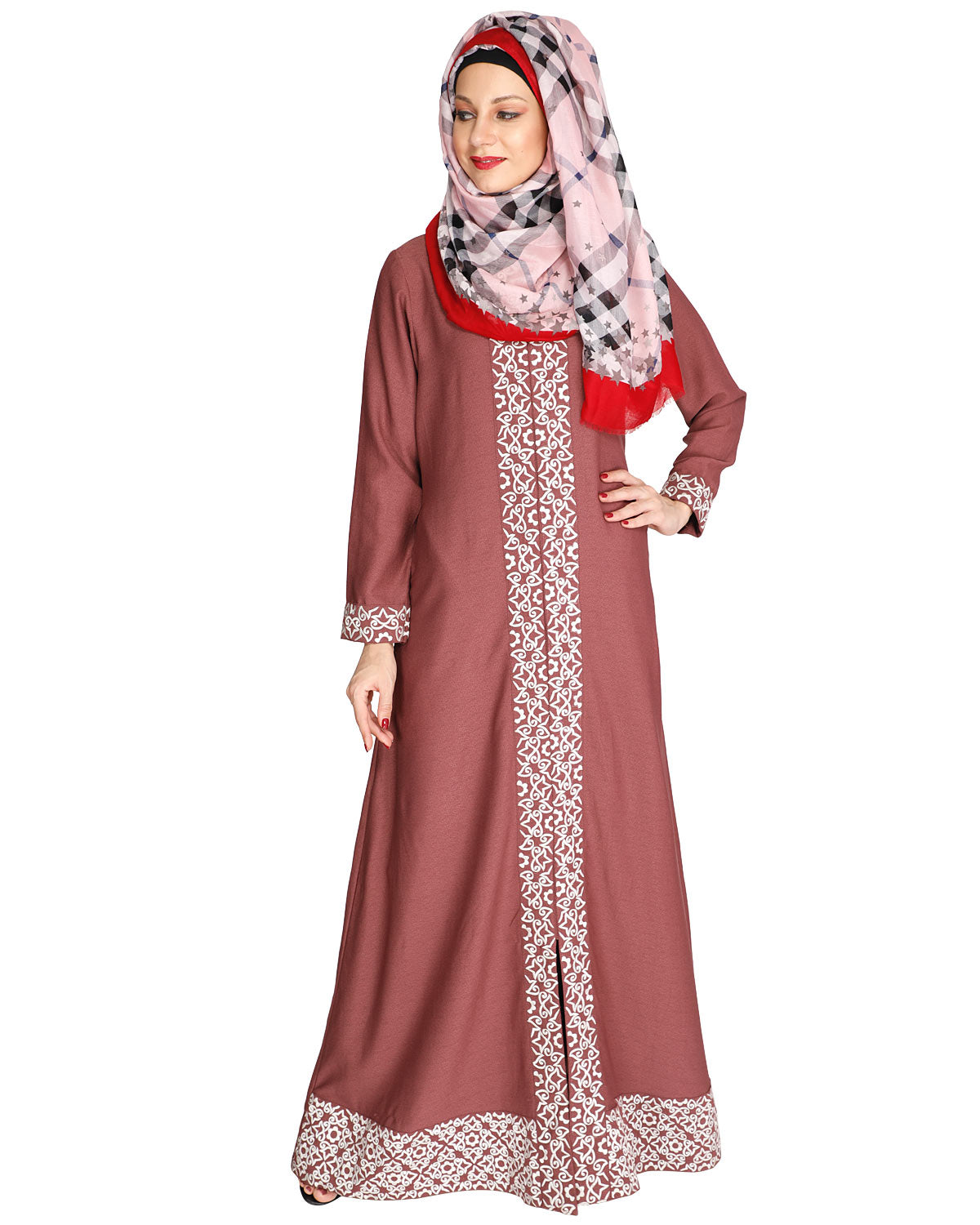 Mushroom embroidered Abaya Onion Pink