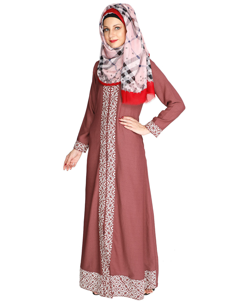 Mushroom embroidered Abaya Onion Pink