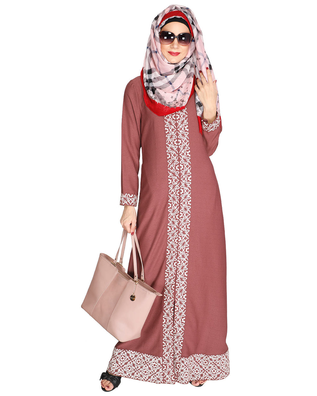 Mushroom embroidered Abaya Onion Pink