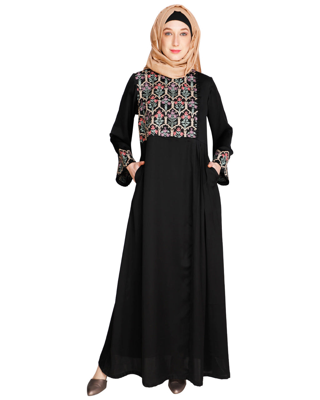 Majorelle Floral Pleated Abaya Black