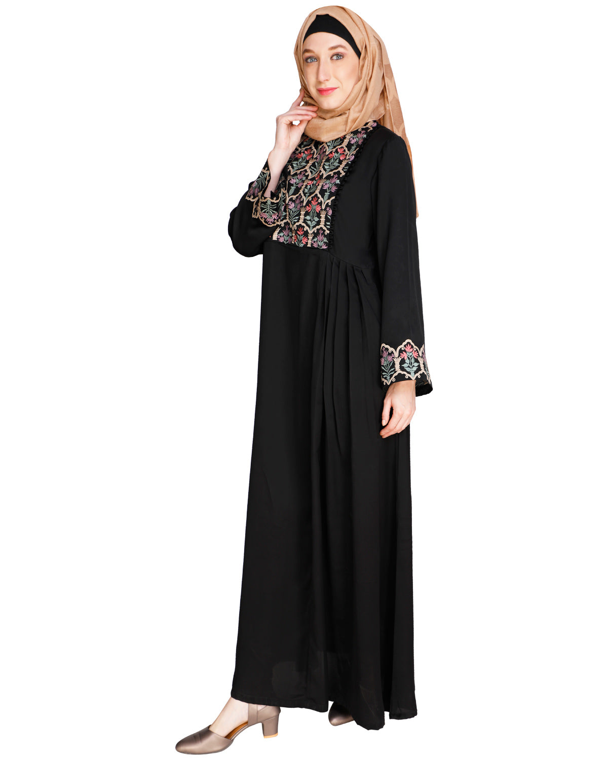 Majorelle Floral Pleated Abaya Black