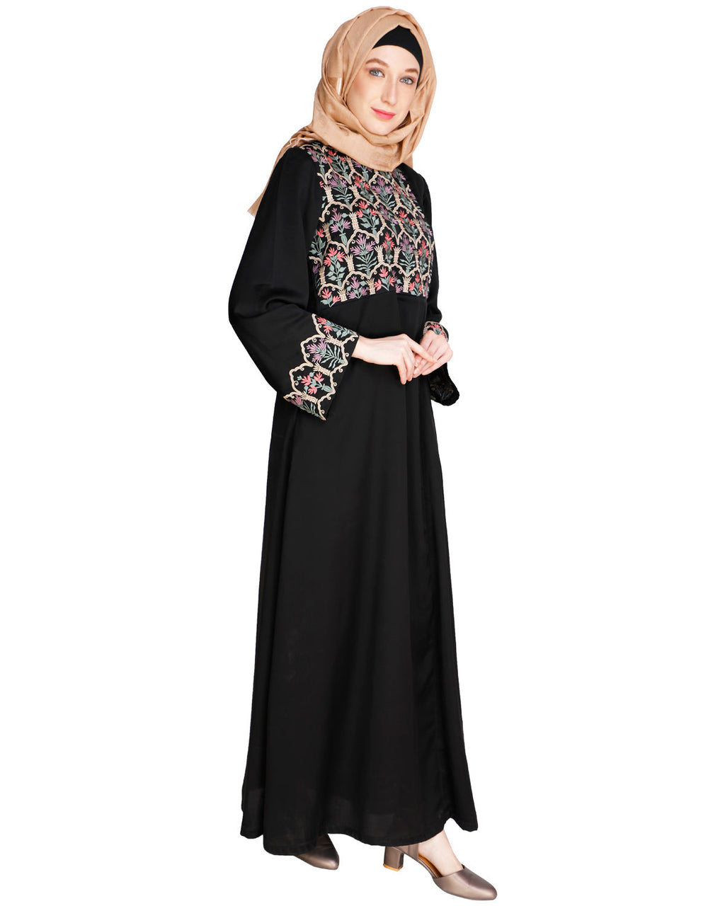 Majorelle Floral Pleated Abaya Black