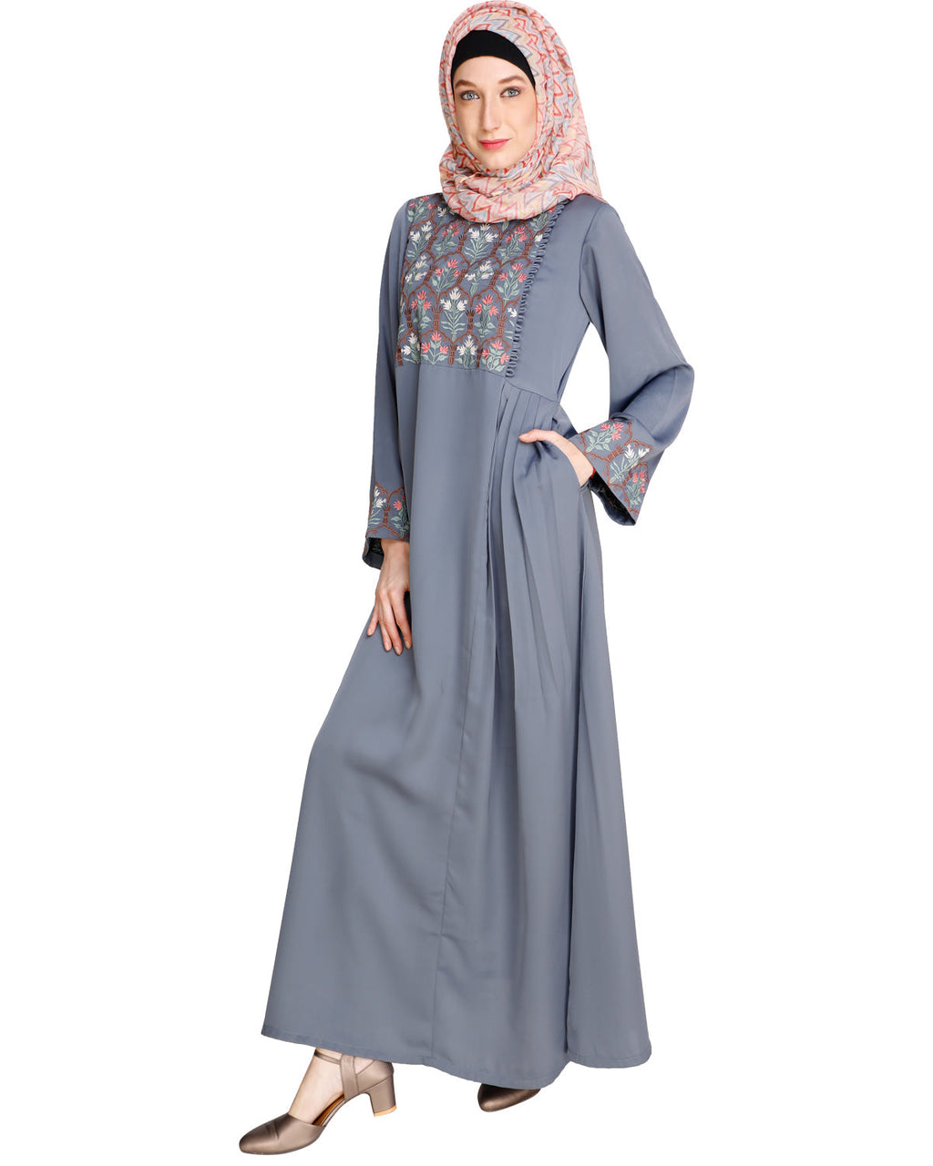 Majorelle Floral Pleated Abaya Blue