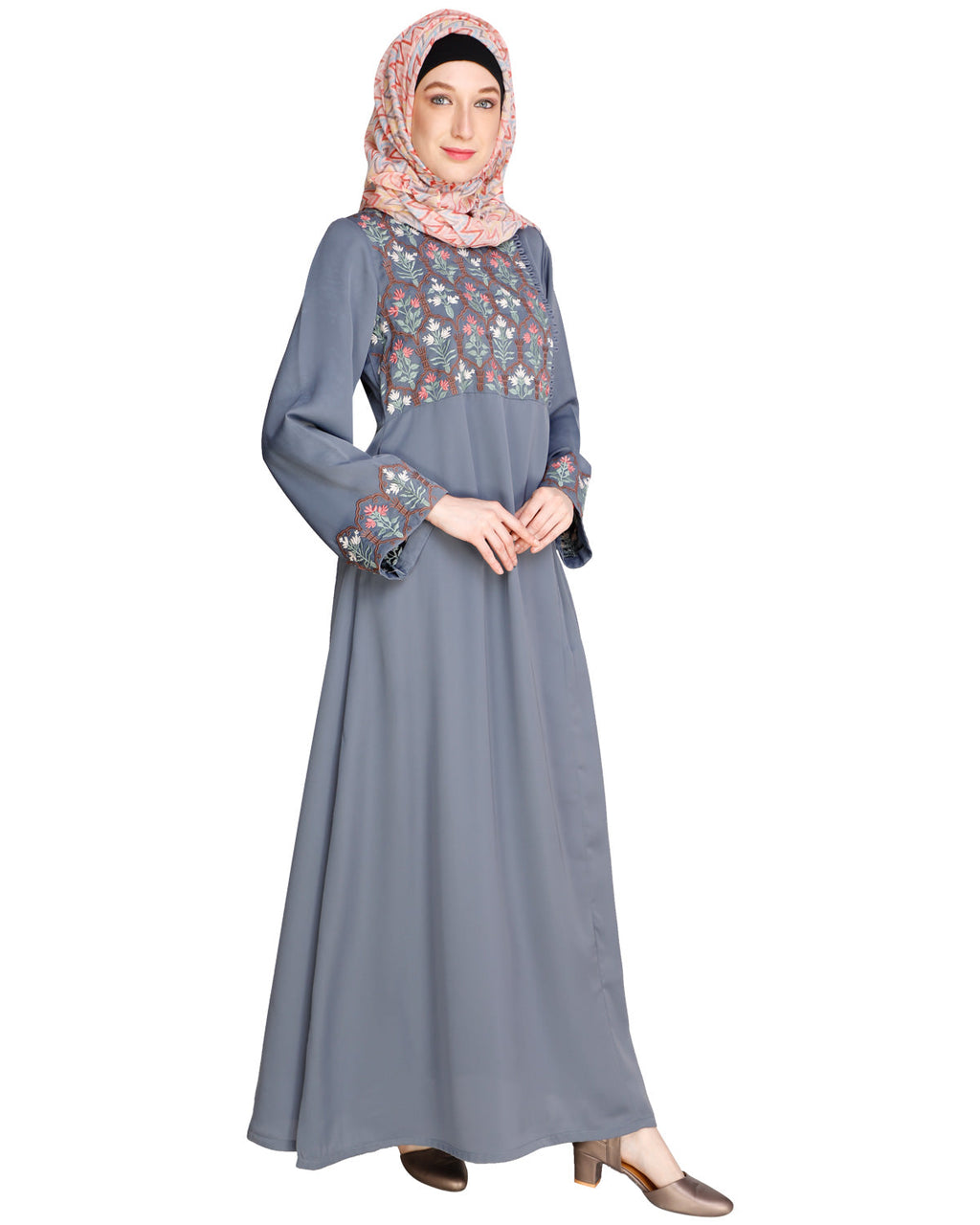 Majorelle Floral Pleated Abaya Blue