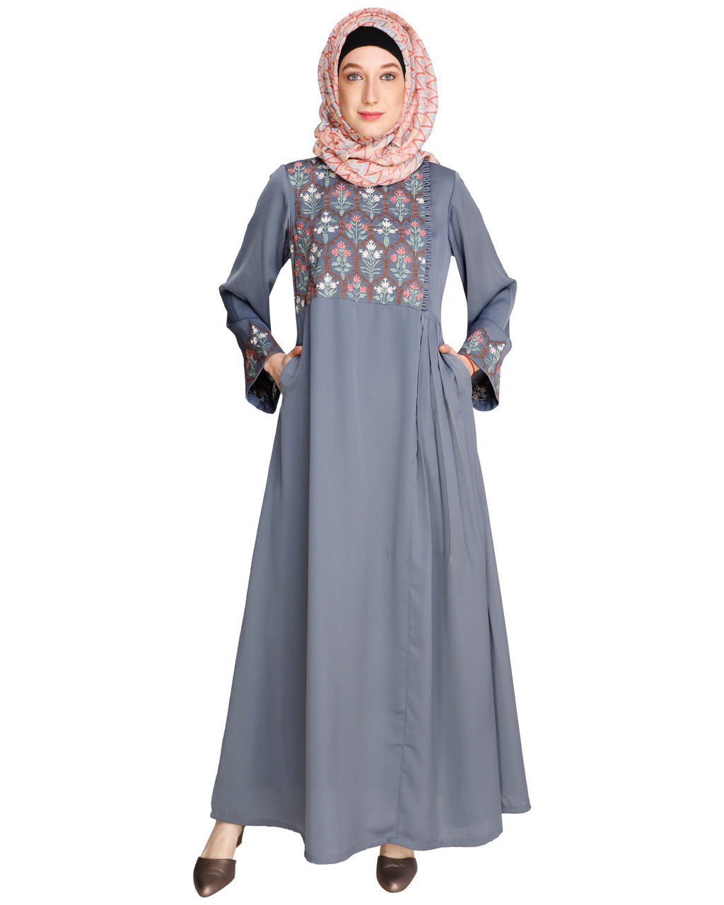 Majorelle Floral Pleated Abaya Blue