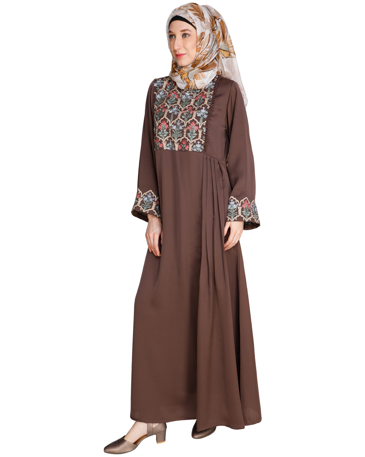 Majorelle Floral Pleated Abaya Oak Brown
