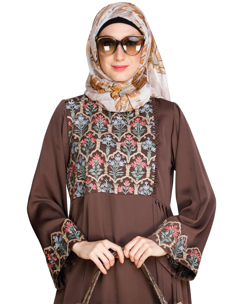Majorelle Floral Pleated Abaya Oak Brown