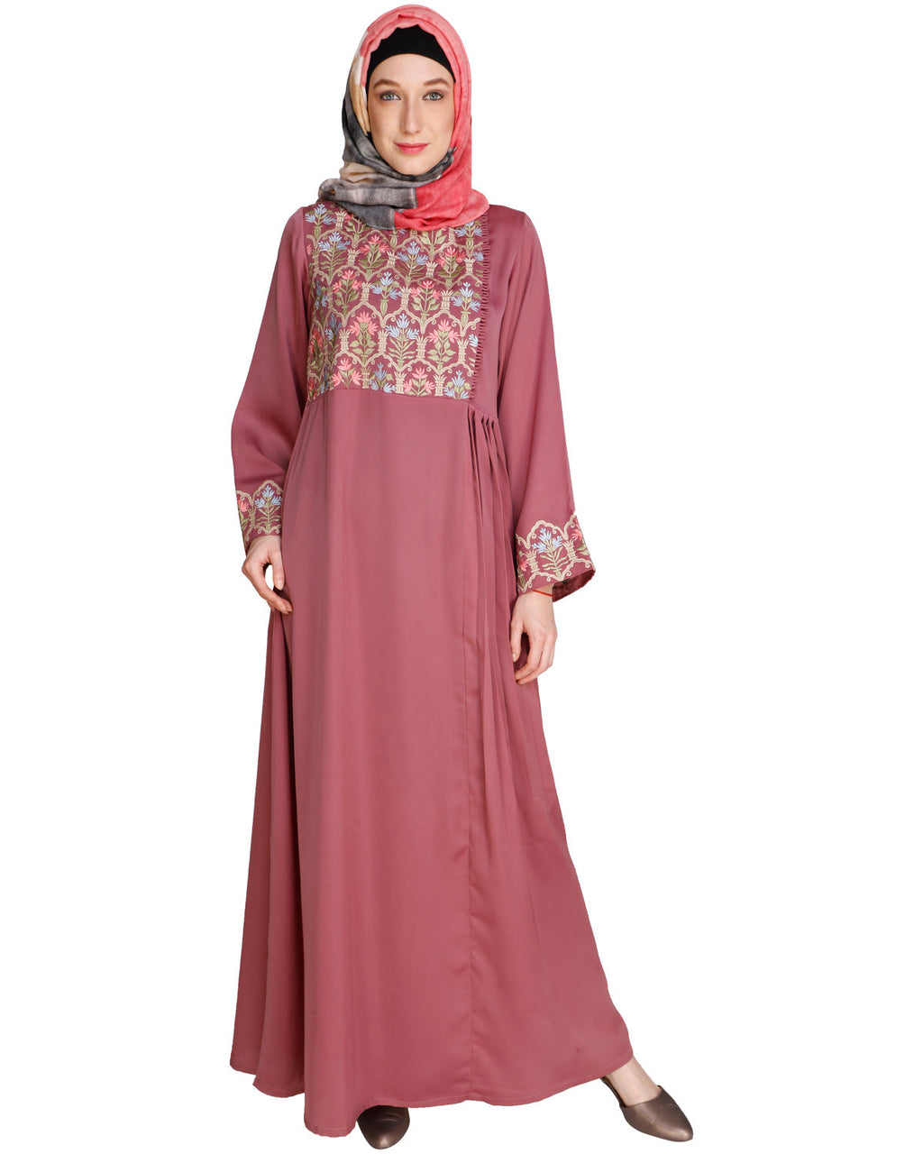 Majorelle Floral Pleated Abaya Onion Pink