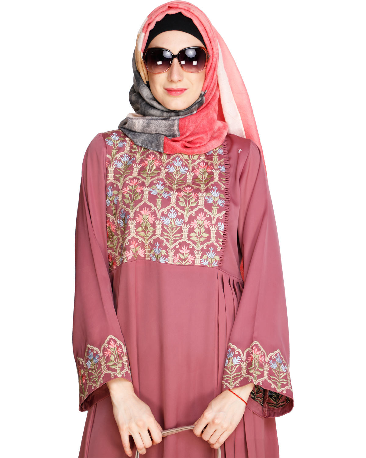 Majorelle Floral Pleated Abaya Onion Pink