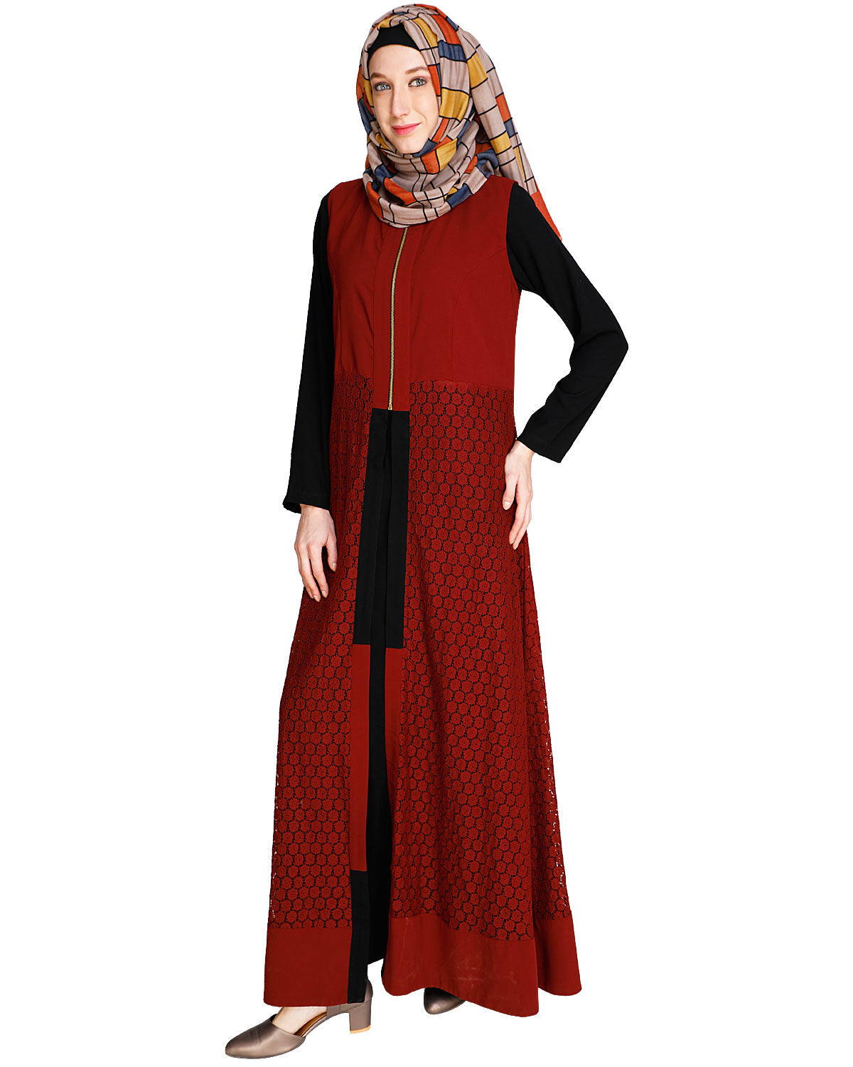 Lace Jacket Abaya Maroon