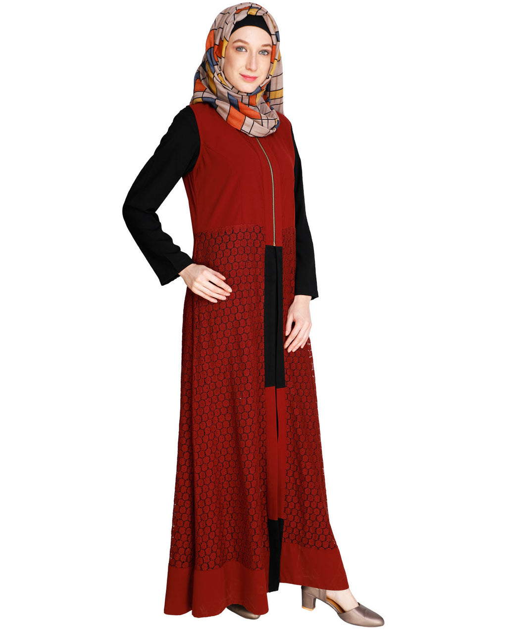 Lace Jacket Abaya Maroon