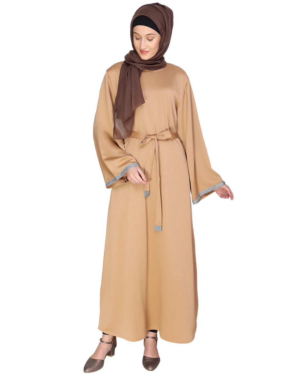Shimmer Trimmed Dubai Style Abaya Beige