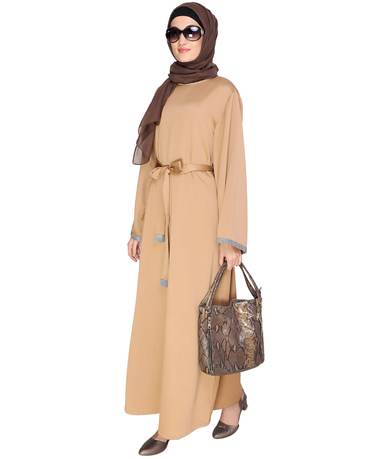 Shimmer Trimmed Dubai Style Abaya Beige