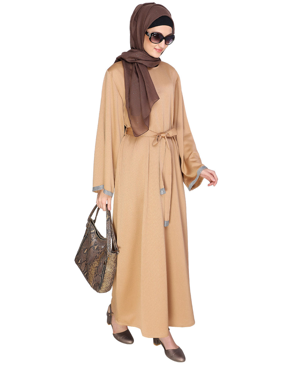 Shimmer Trimmed Dubai Style Abaya Beige