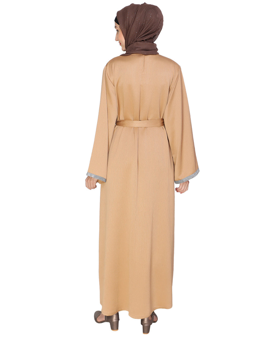 Shimmer Trimmed Dubai Style Abaya Beige