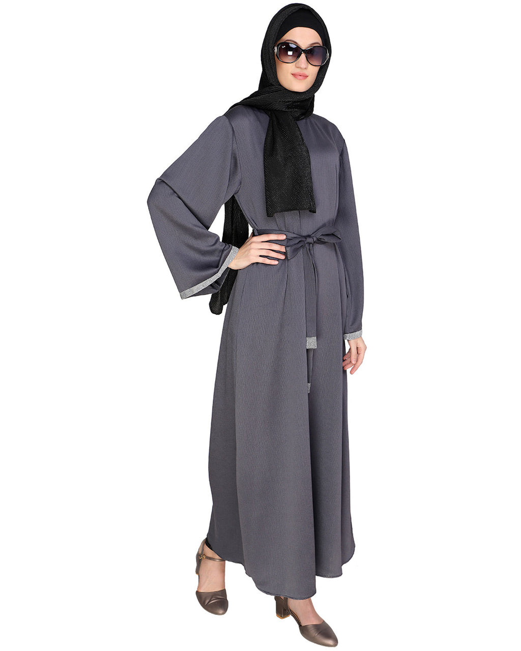 Shimmer Trimmed Dubai Style Abaya Grey