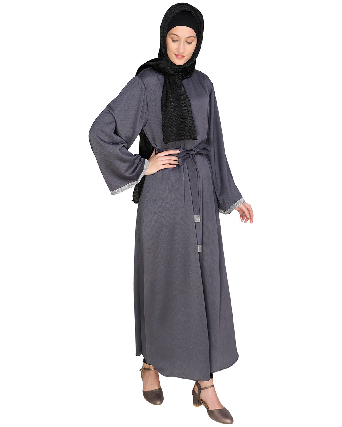 Shimmer Trimmed Dubai Style Abaya Grey
