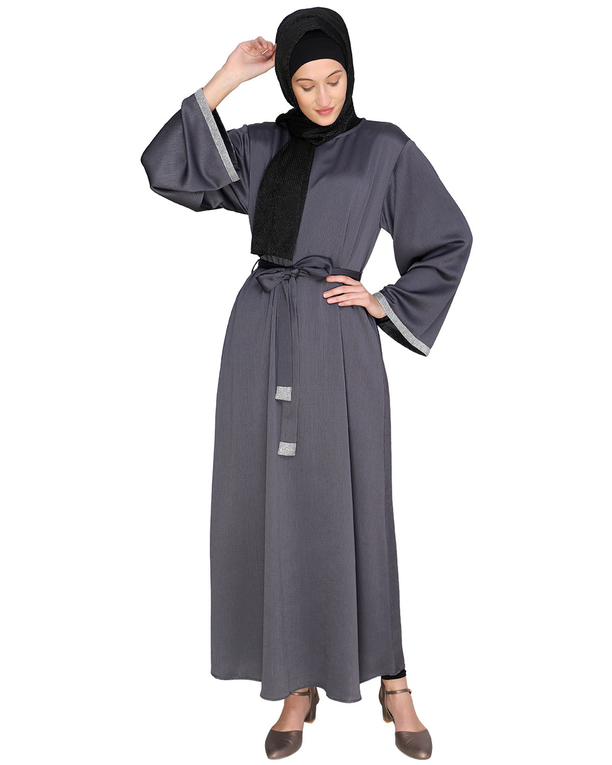 Shimmer Trimmed Dubai Style Abaya Grey