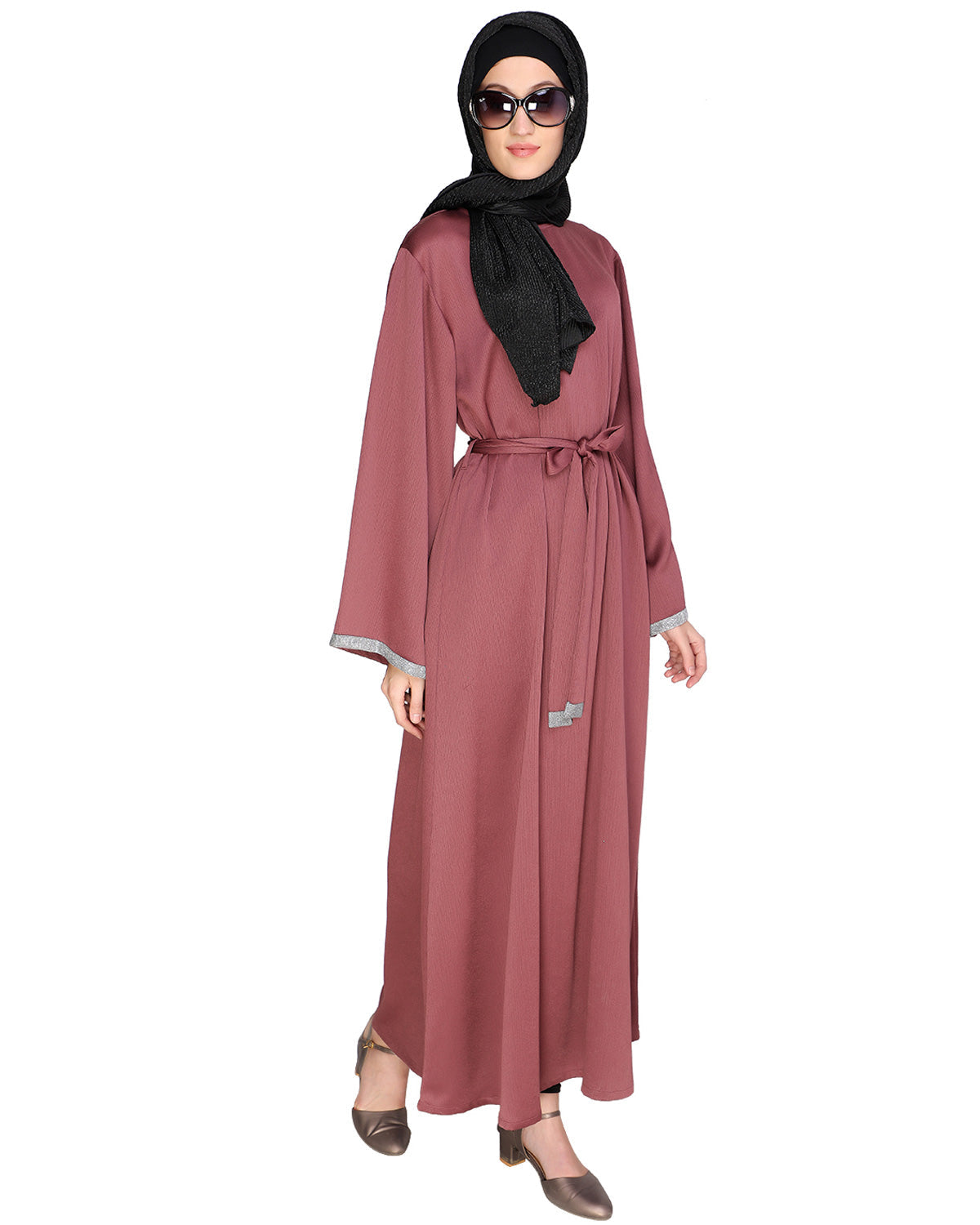 Shimmer Trimmed Dubai Style Abaya Pink