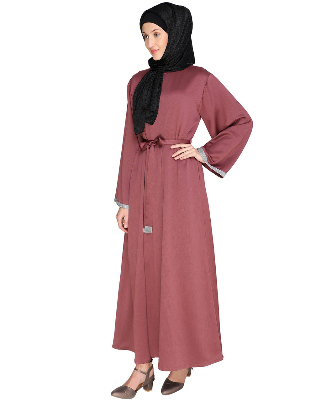 Shimmer Trimmed Dubai Style Abaya Pink