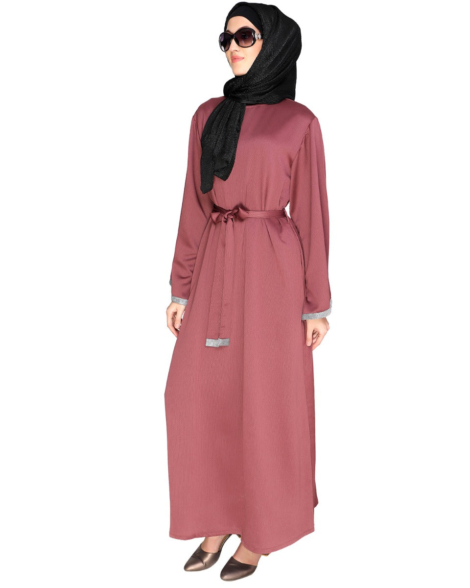 Shimmer Trimmed Dubai Style Abaya Pink