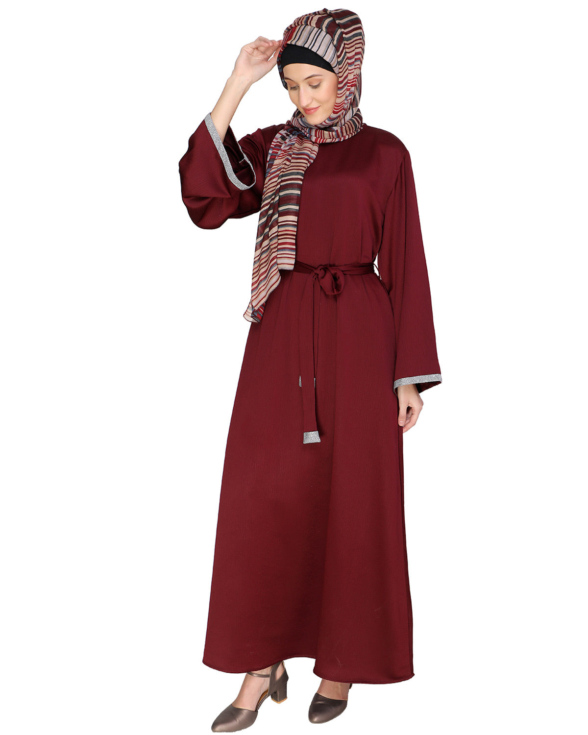 Shimmer Trimmed Dubai Style Abaya Wine