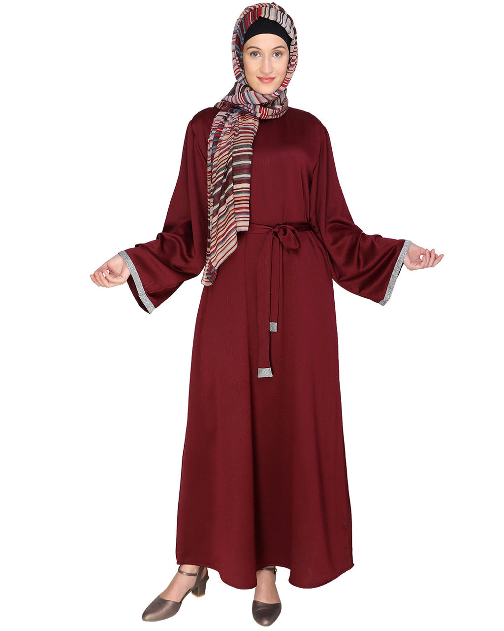 Shimmer Trimmed Dubai Style Abaya Wine