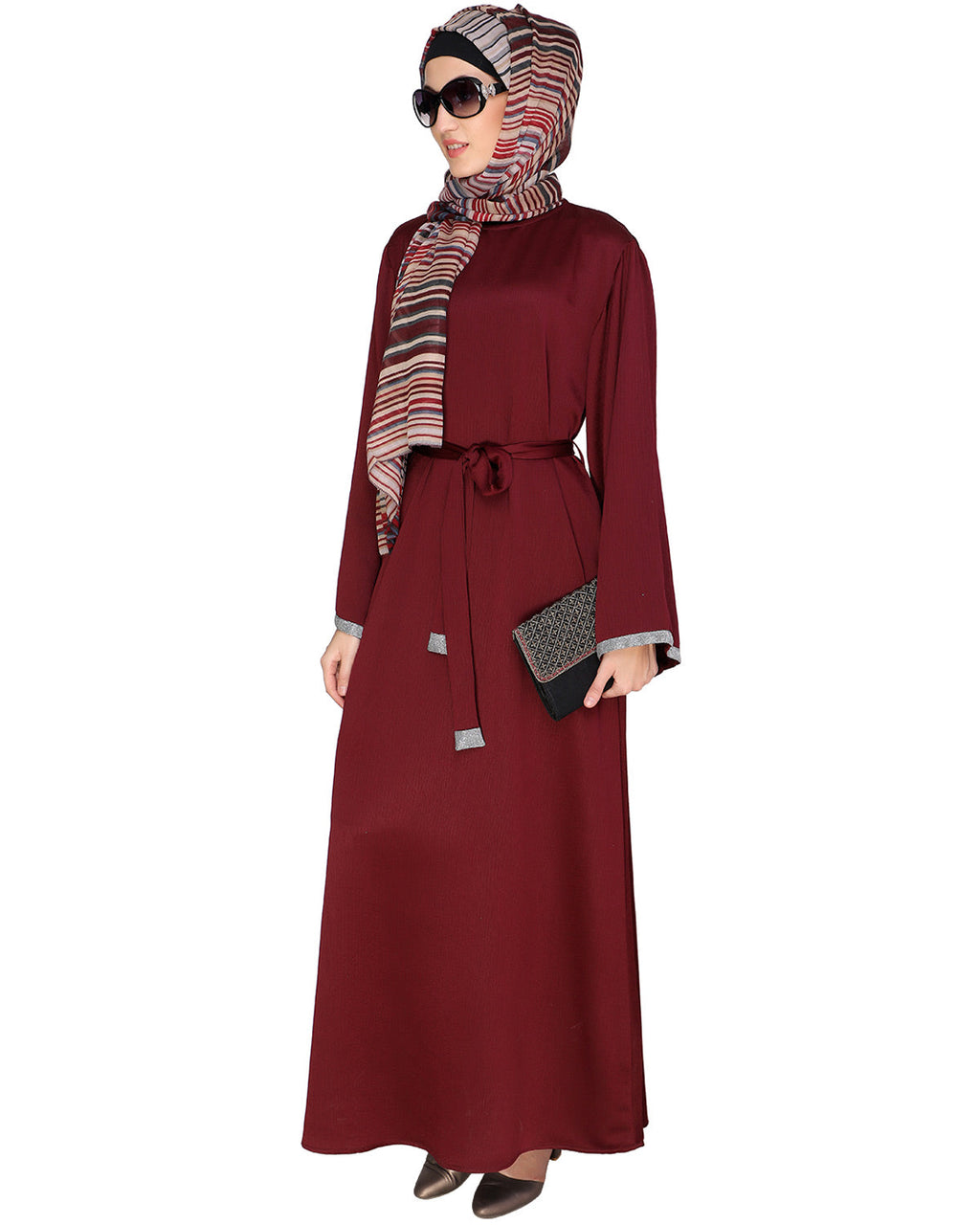 Shimmer Trimmed Dubai Style Abaya Wine