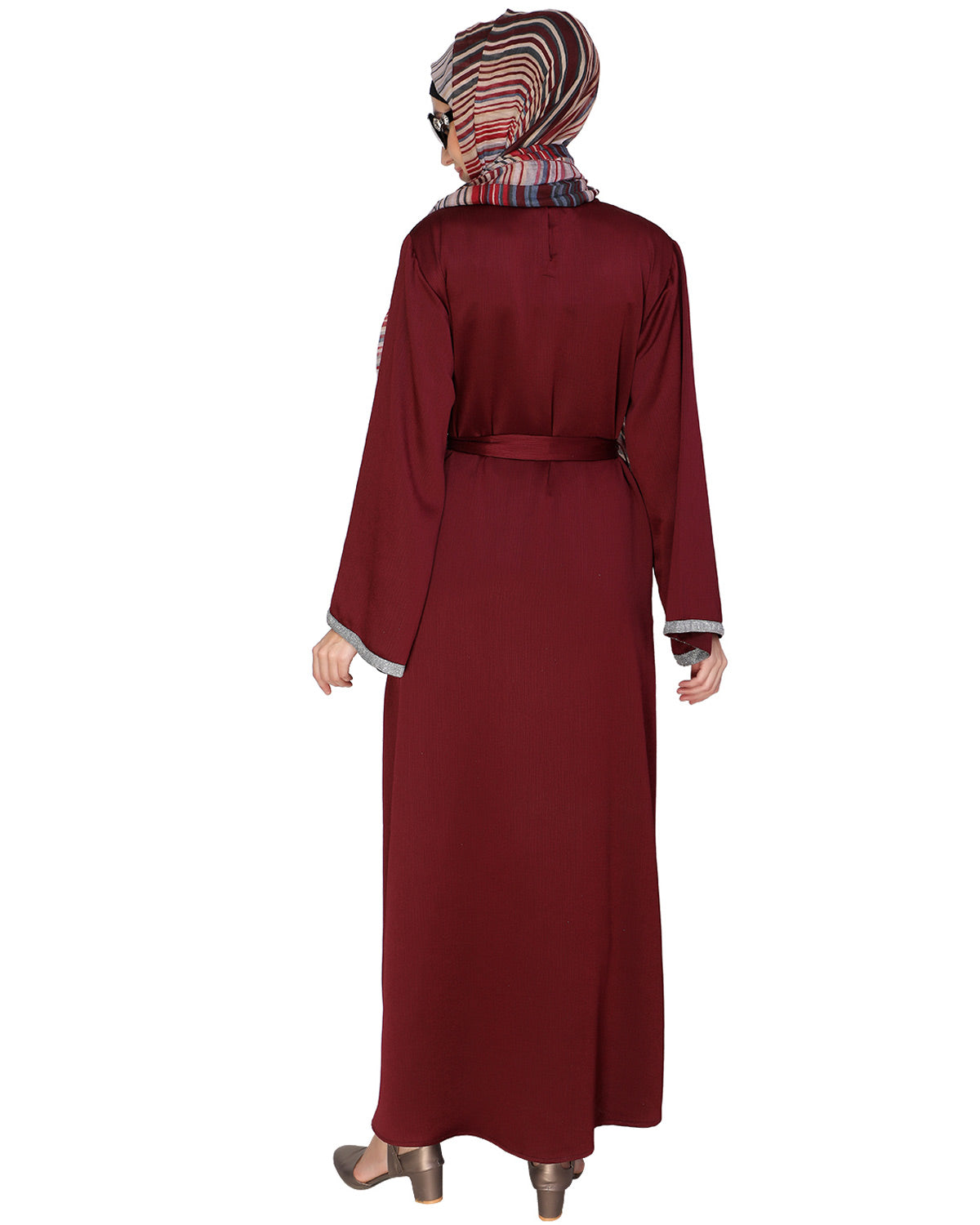 Shimmer Trimmed Dubai Style Abaya Wine