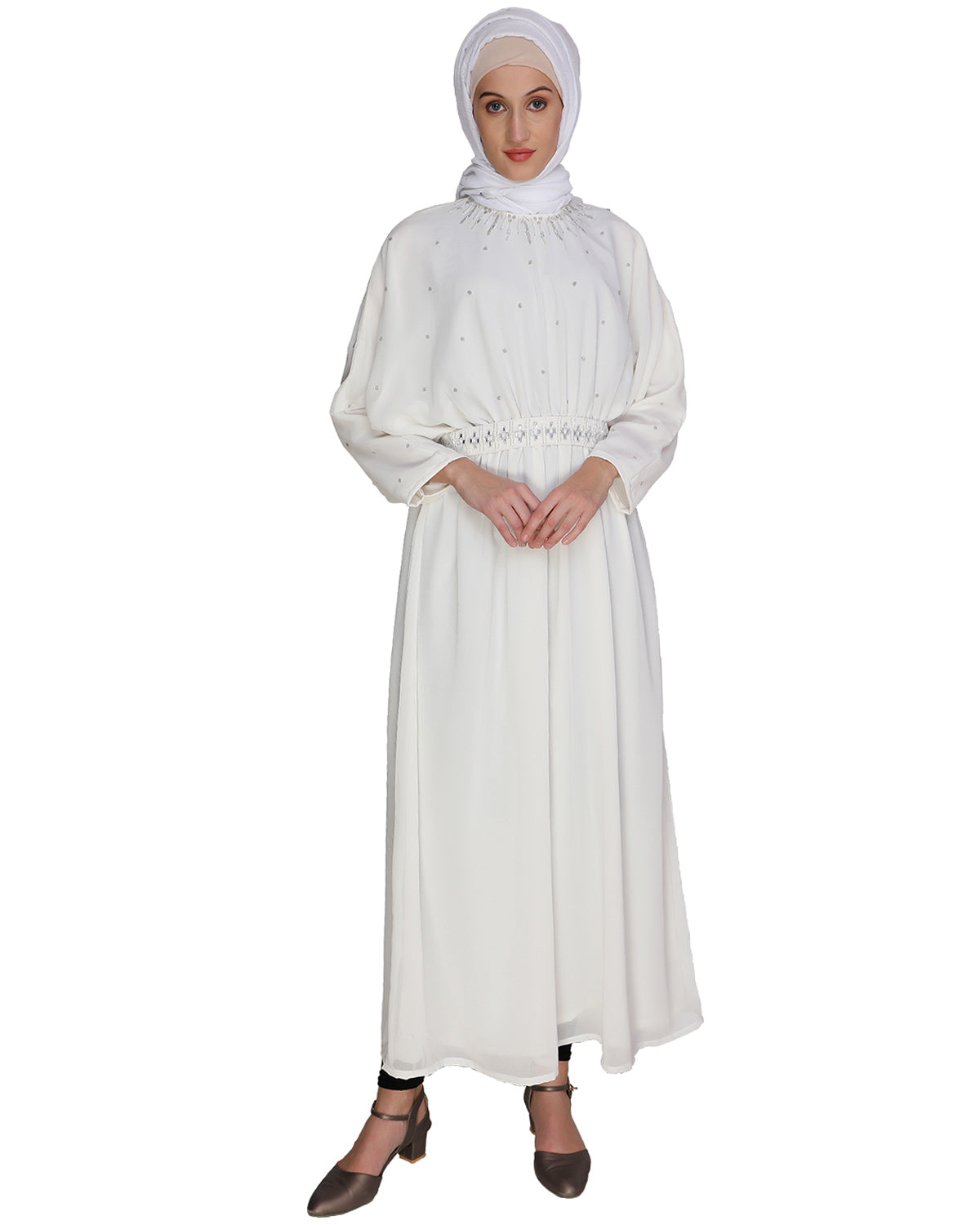 Intricate Handwork Light Green Kaftan Off White