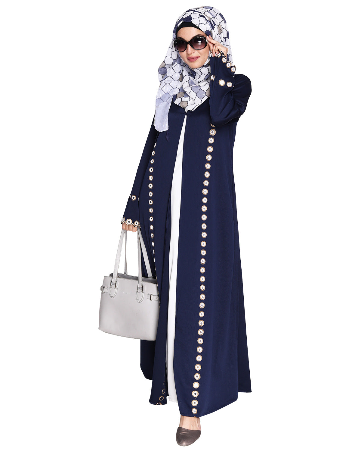 Jacket Style Abaya with Exquisite Mirror Work Blue