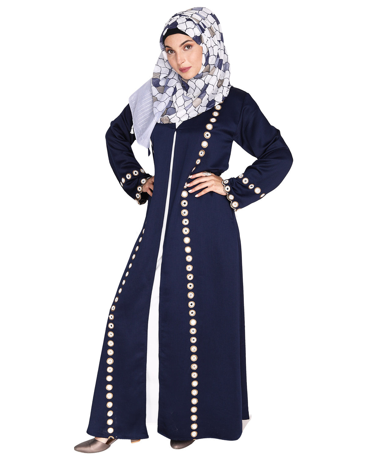 Jacket Style Abaya with Exquisite Mirror Work Blue
