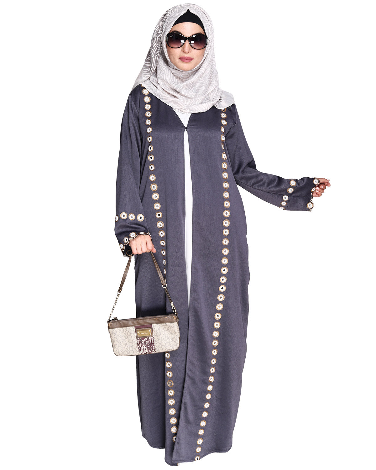 Jacket Style Abaya with Exquisite Mirror Work Grey