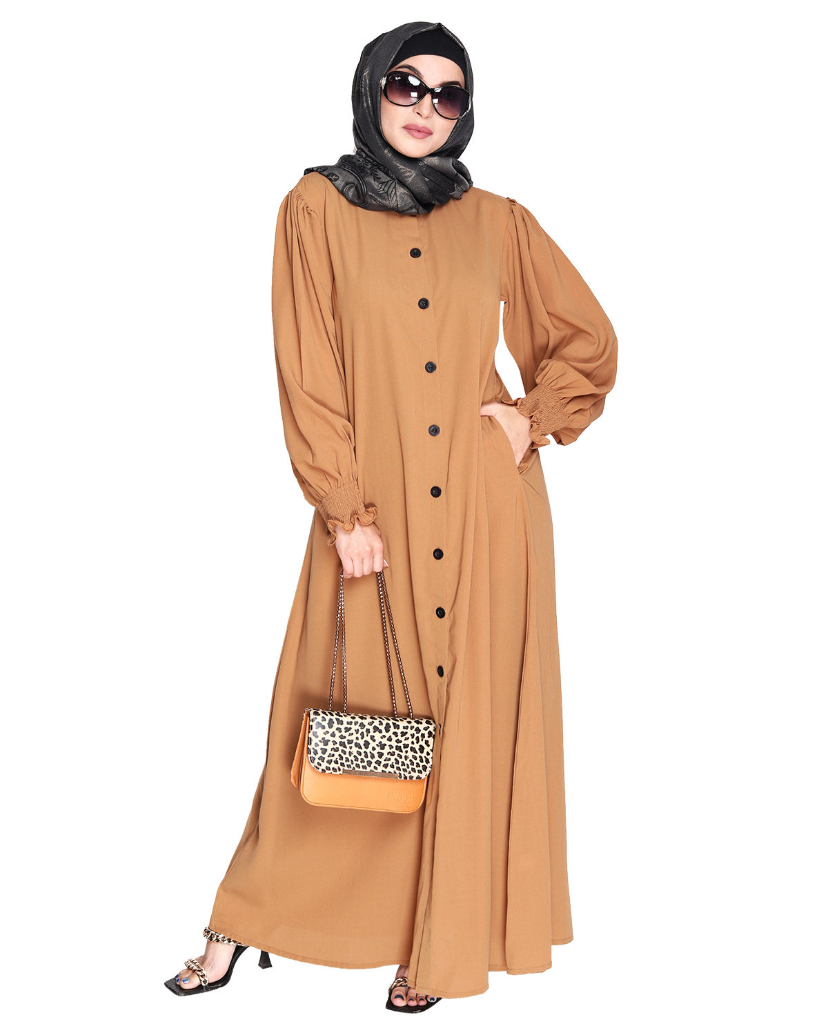 Voguish Front Open Abaya Dark Beige