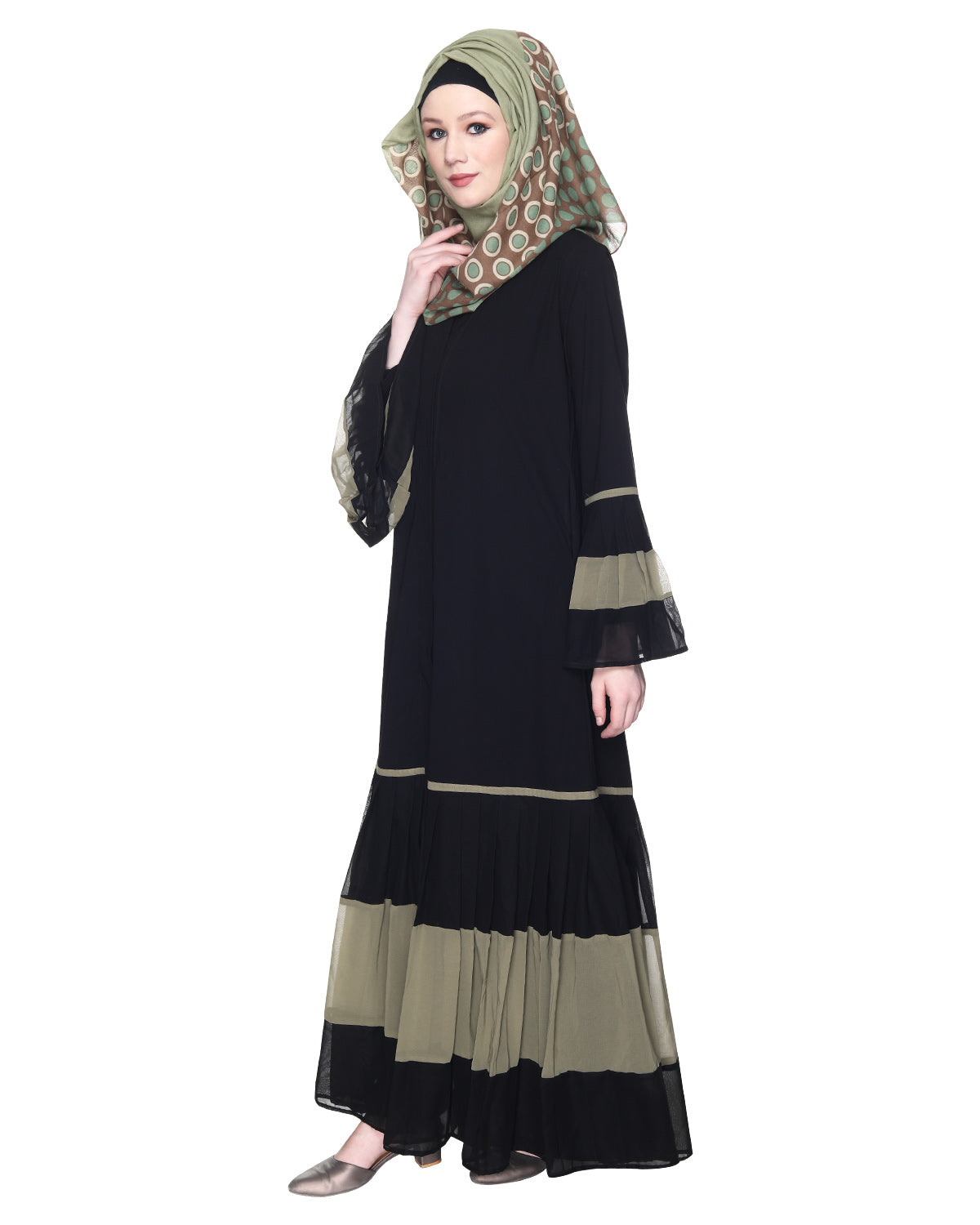 Bell Style Pleated Georgette Abaya Dead Mint Black