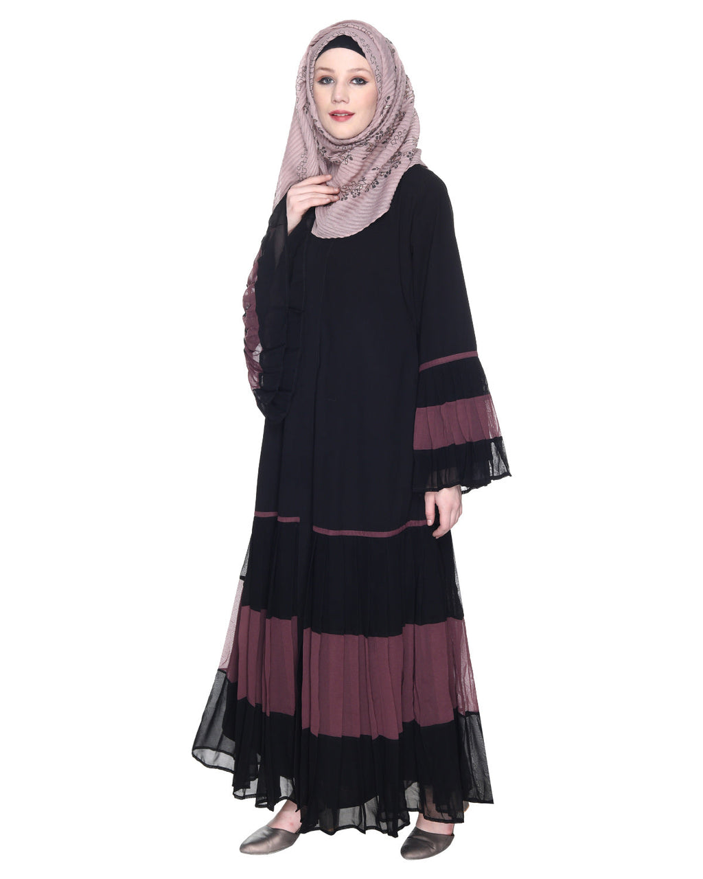 Bell Style Pleated Georgette Abaya Imperial Purple & Black