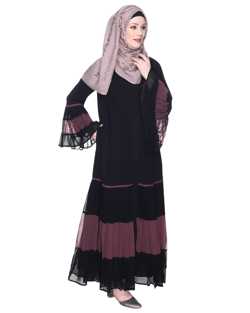 Bell Style Pleated Georgette Abaya Imperial Purple & Black